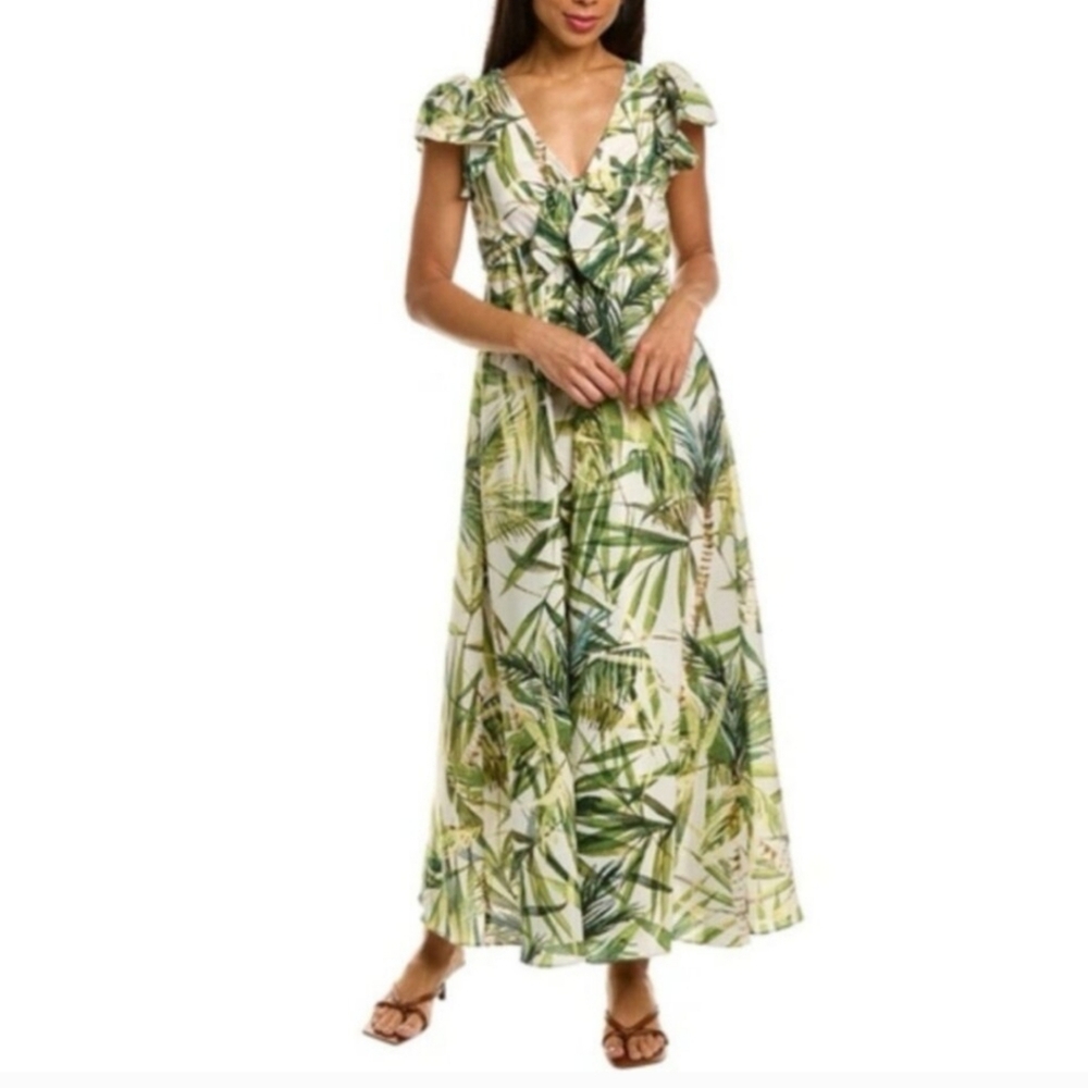Taylor NWT Green White Floral Palms‎ Maxi Dress Short Sleeve Flowy Size 6